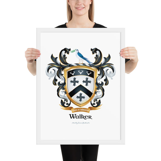 A woman on a white background holding an 18 x 24 inch Walker family crest framed artprint