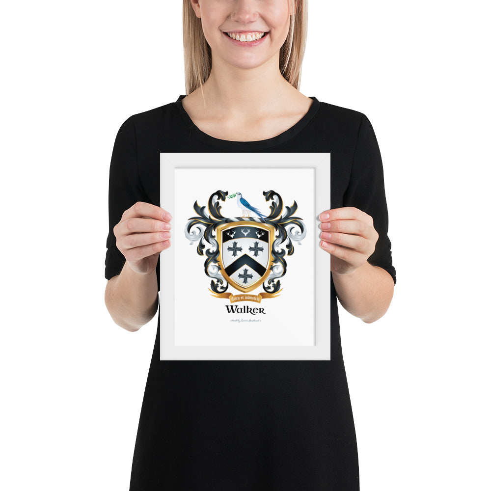 A woman on a white background holding a Walker family crest framed artprint