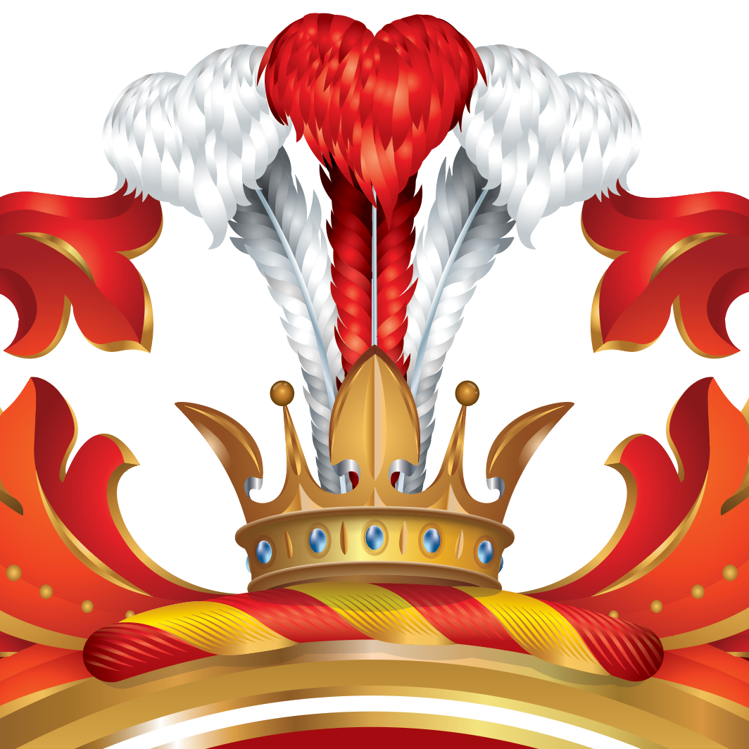 A closeup of the Wallace Family Crest featuring a crown emblem with a red heart, white feathers, gold crown, and red-and-gold decorative elements on a white background.