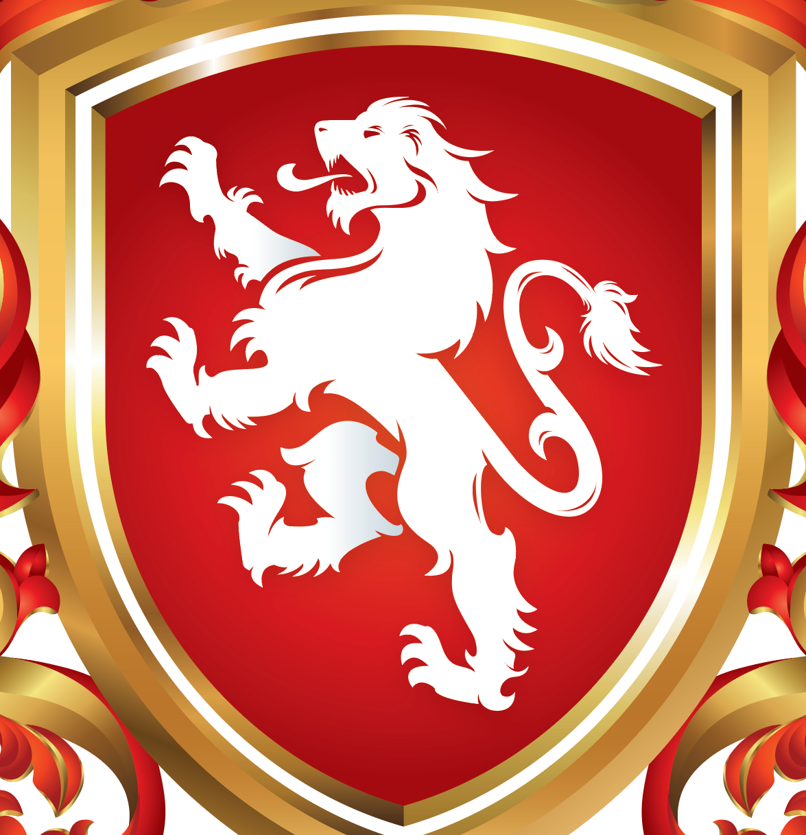 A closeup of the Wallace Family Crest featuring a heraldic shield with a white rampant lion on a red background, framed by a gold border with decorative red and gold mantling.