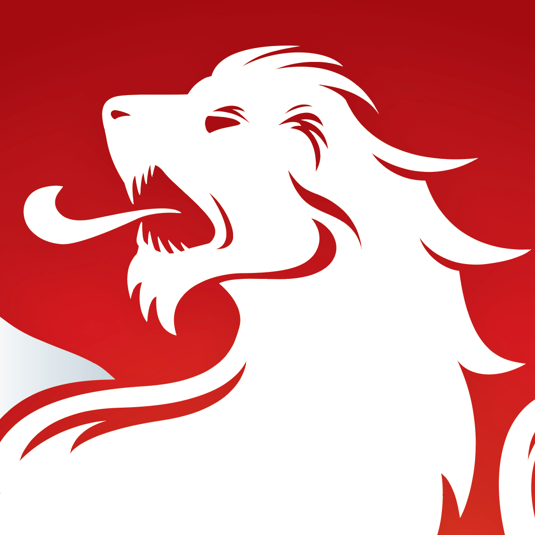 A closeup of the Wallace Family Crest featuring a stylised white lion head silhouette with an open mouth and flowing mane on a solid red background.