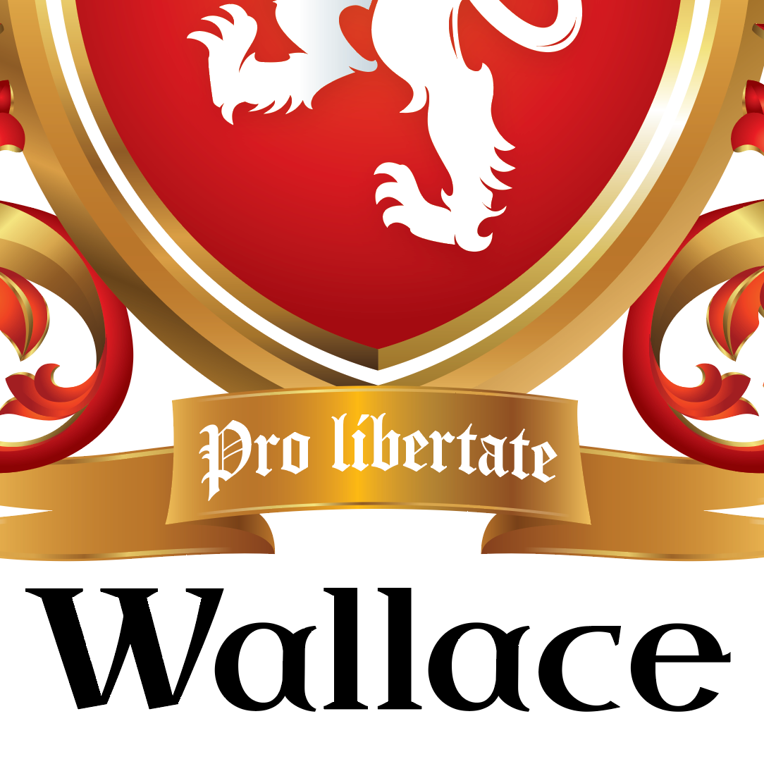 A closeup of the Wallace Family Crest featuring a red and gold heraldic crest with a white lion rampant, decorative mantling a gold ribbon reading 'Pro libertate,' and the word 'Wallace' in large black serif text below on a white background.