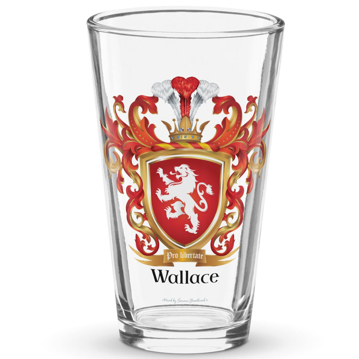 Wallace Family Crest beer glass with white lion on red shield -Family Crests Store