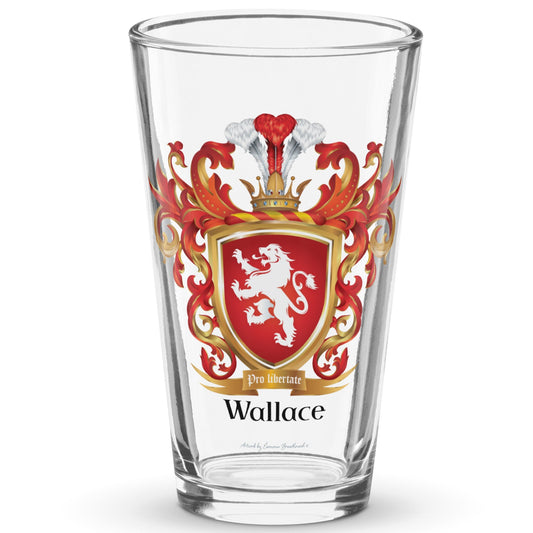 Wallace Family Crest beer glass with white lion on red shield -Family Crests Store