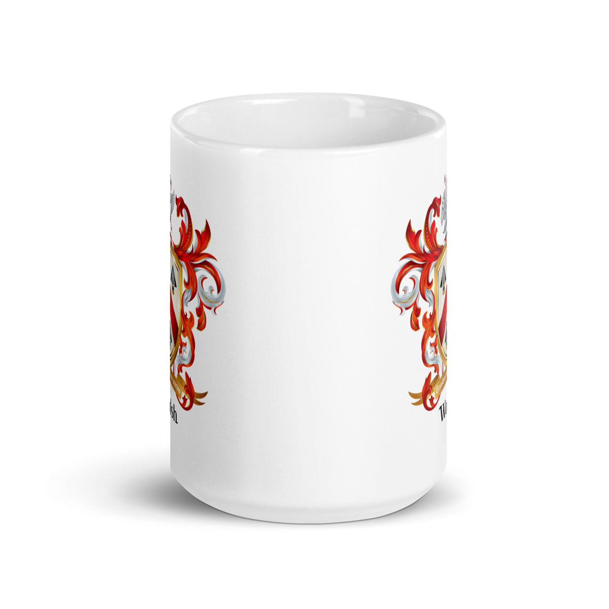 A white mug on a white background with the Walsh Family Crest partially visible on 2 sides.