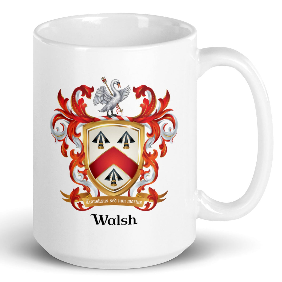 A white mug with the handle on the right on a white background with the Walsh Family Crest printed on the mug. The coat of arms features three black arrowheads and a red chevron on a white shield with a wounded white swan on the crest above the shield.