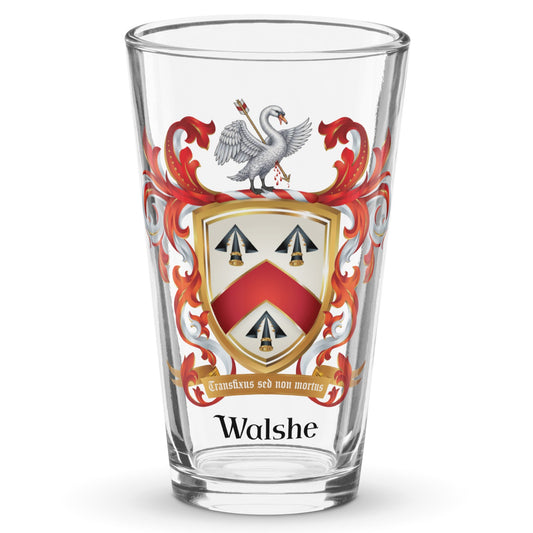 Walshe Family Crest beer glass- featuring a coat of arms with a white swan on a shield with 3 arrowheads and a chevron.