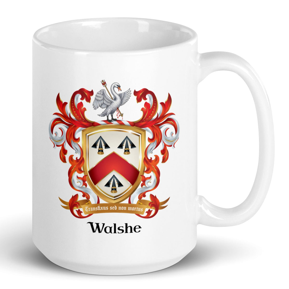 A white mug on a white background with the Walshe Family Crest on the front. The coat of arms features three black arrowheads and a red chevron on a white shield with a wounded white swan on the crest above the shield.
