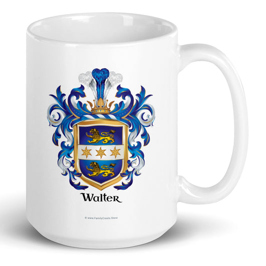 A white mug with the Walter Family Crest on a white background