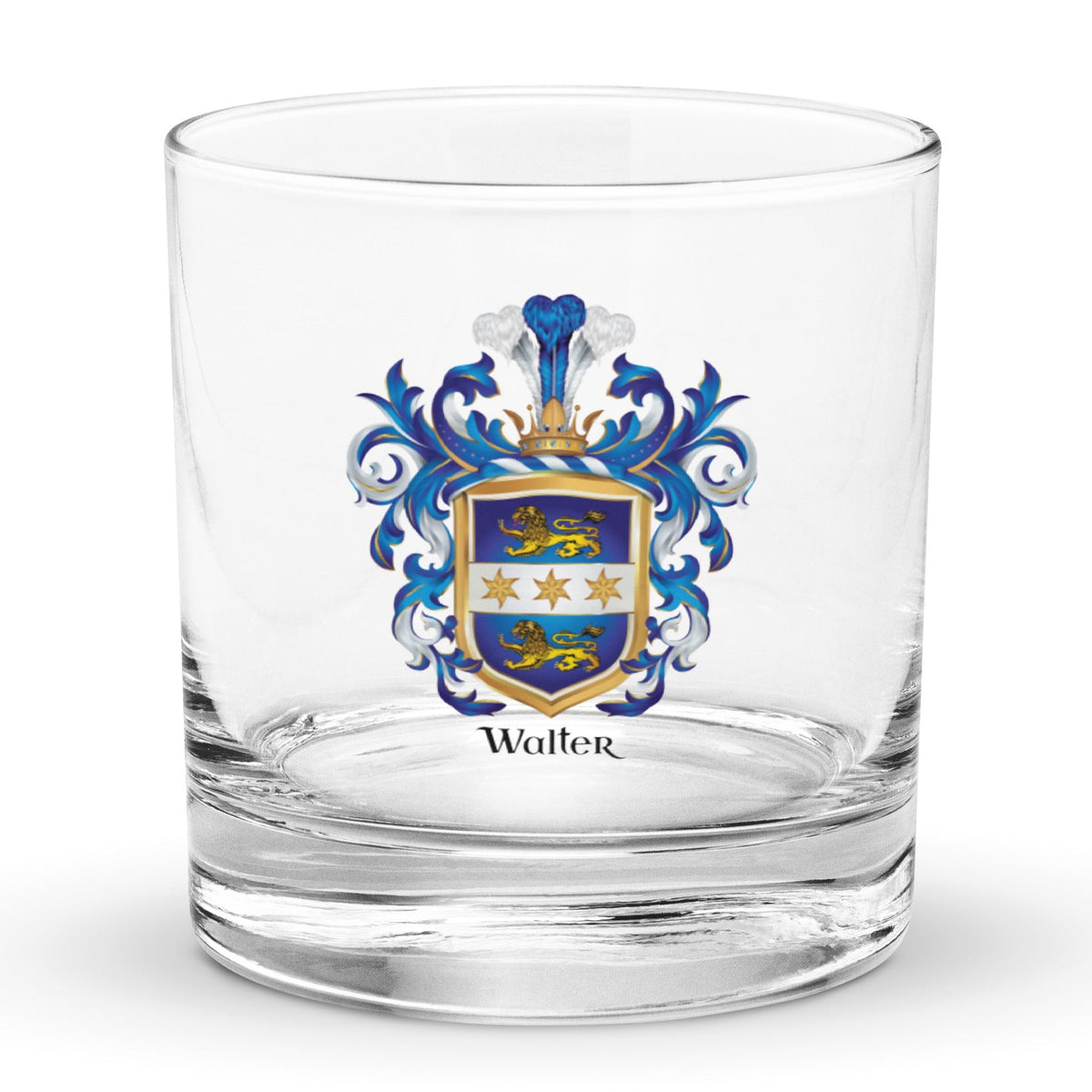 A rocks glass with a Walter Family Crest printed on the front
