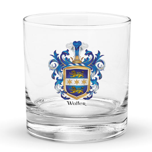 A rocks glass with a Walter Family Crest printed on the front