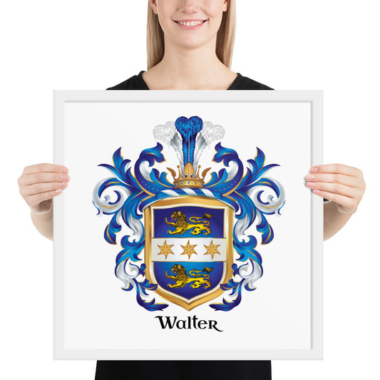 A woman holding a framed print of the Walter family crest 