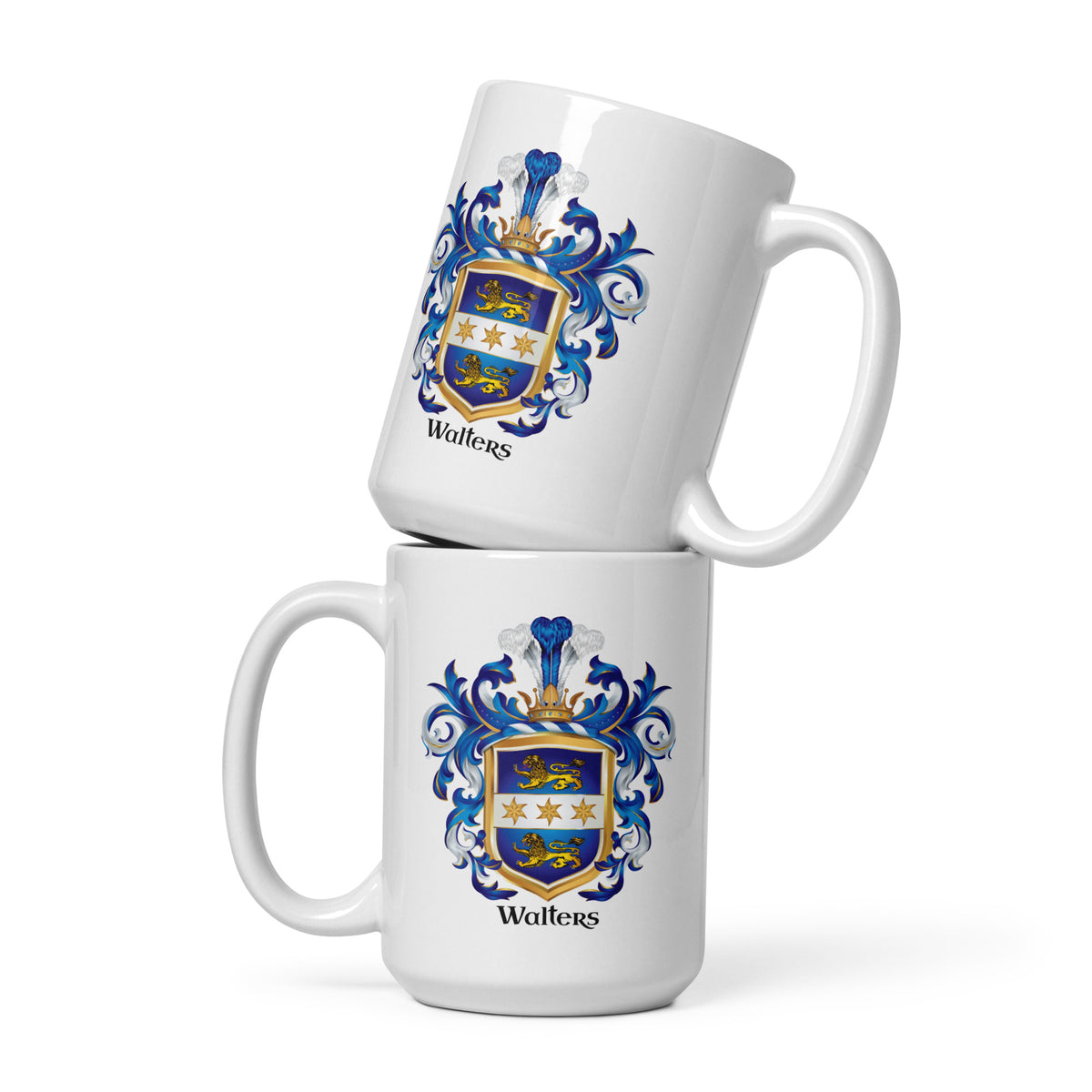 Two white ceramic mugs stacked on a white background, each printed with a blue, gold, and white Walters family heraldic crest and the name 'Walters' below it.