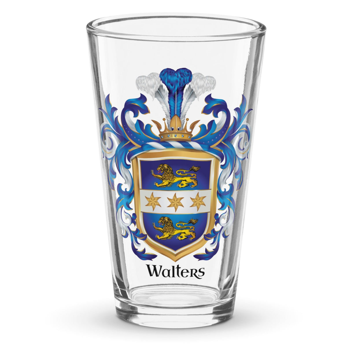 A clear pint glass featuring a printed blue, gold, and white Walter family crest with the name 'Walters' printed below in black, shown on a white background. Walters Family has 2 lions and 3 stars