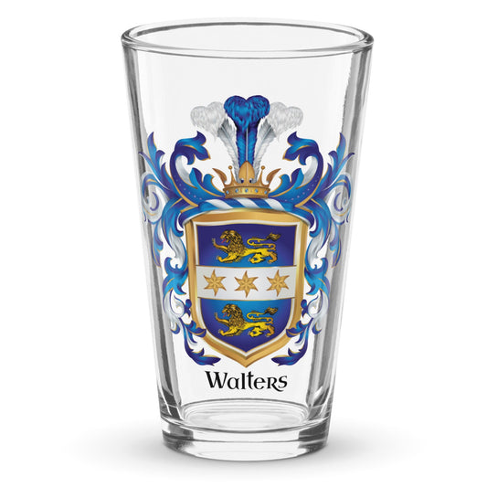 A clear pint glass featuring a printed blue, gold, and white Walter family crest with the name 'Walters' printed below in black, shown on a white background. Walters Family has 2 lions and 3 stars
