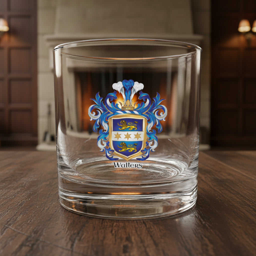 Clear glass with a coat of arms and 'Walters' text on a white background