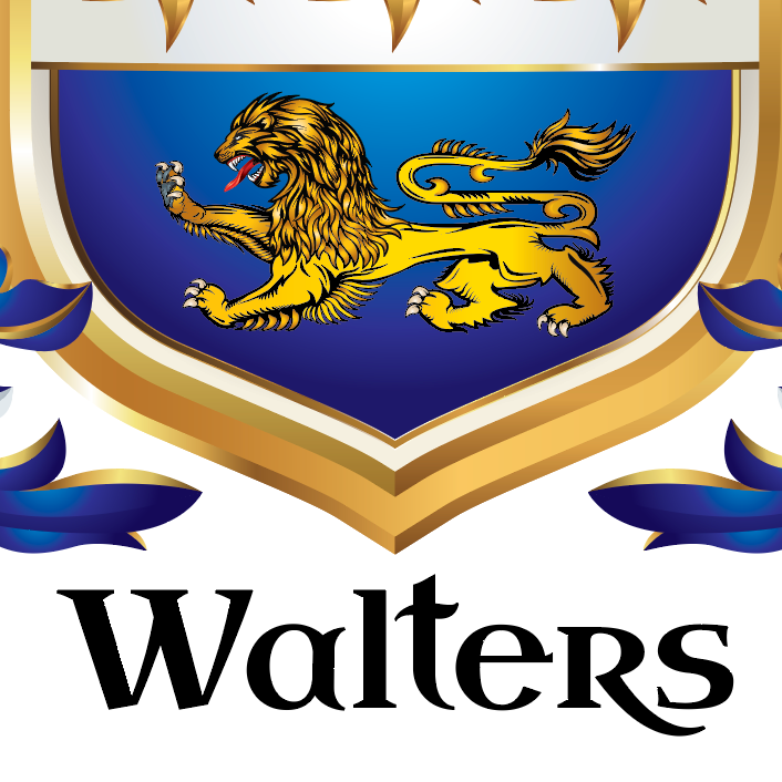 A heraldic crest featuring a gold lion rampant on a blue shield, bordered in gold, with the word 'Walters' in large black serif text below on a white background.