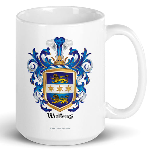A white mug with Walters Family Crest featuring 2 gold lions and 3 stars on the shield and the name Walters in black below the shield