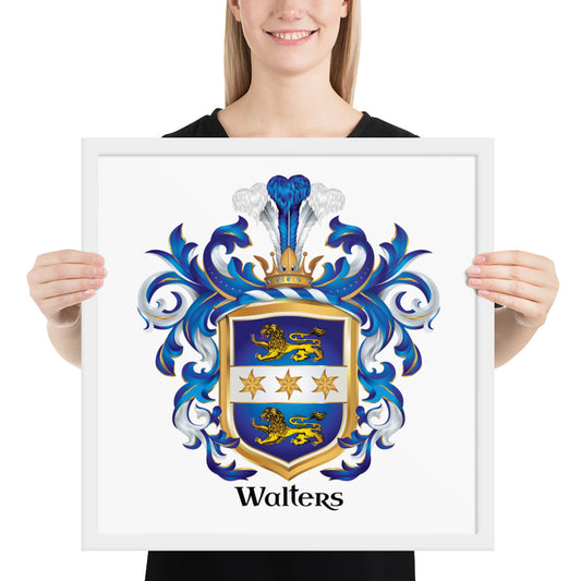 A woman holding a framed print of  Walters coat of arms
