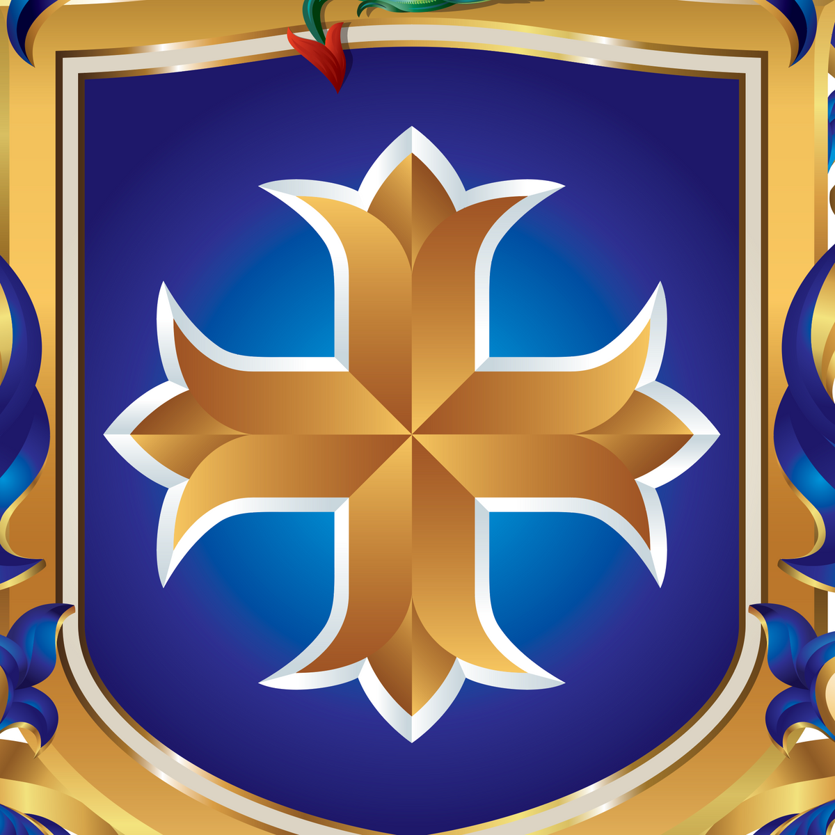 Ward Family Crest close up with golsd cross o blue shield