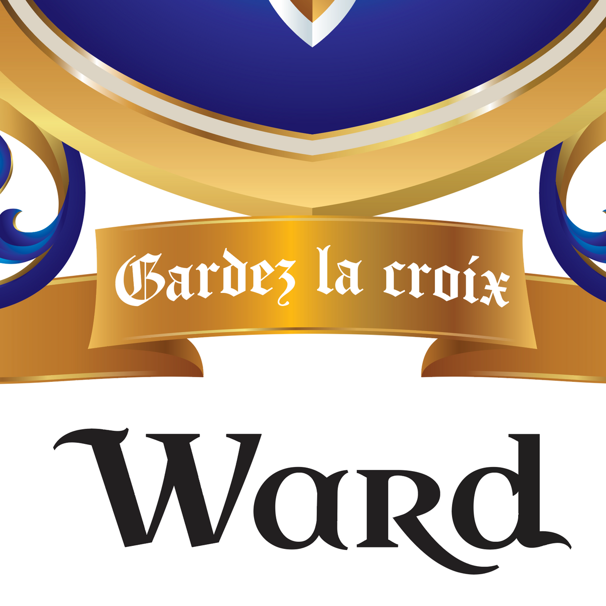 Ward Family Crest close up with typography black letter text of name Ward and motto Gardez la croix