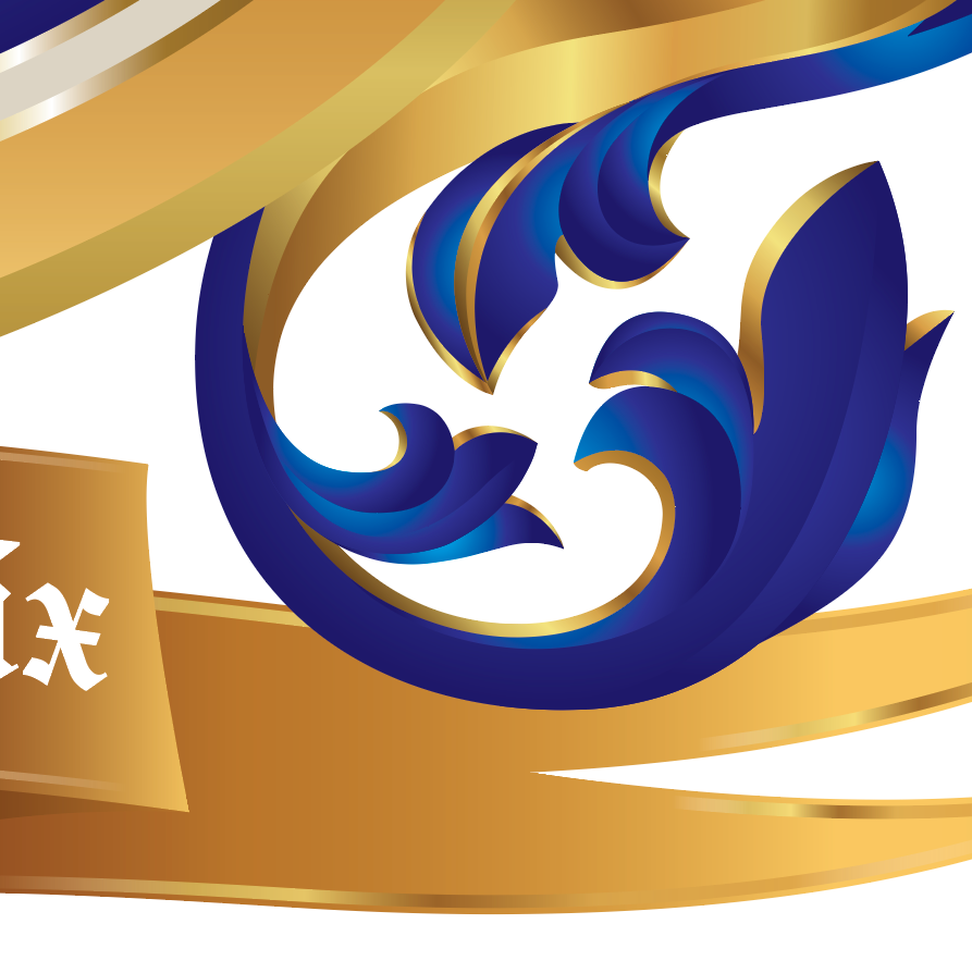 Ward Family Crest close up with decorative mantling with gold outlines and gold ribbon-like bands on a white background.