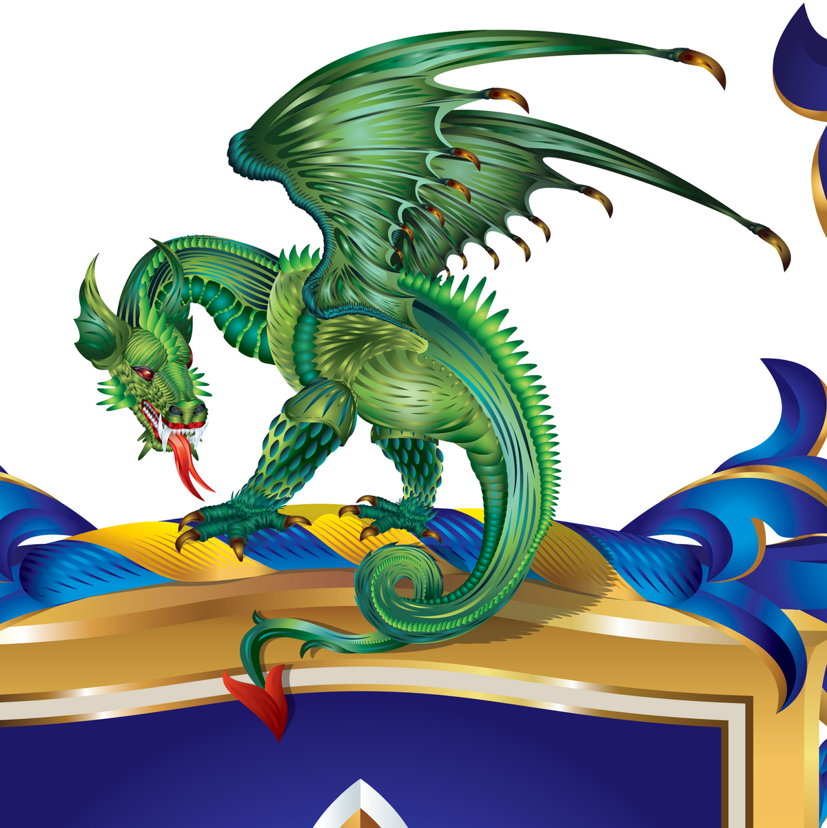 Ward Family Crest close up with stylized green dragon with spread wings perched on a blue and gold crest-like shape against a white background.