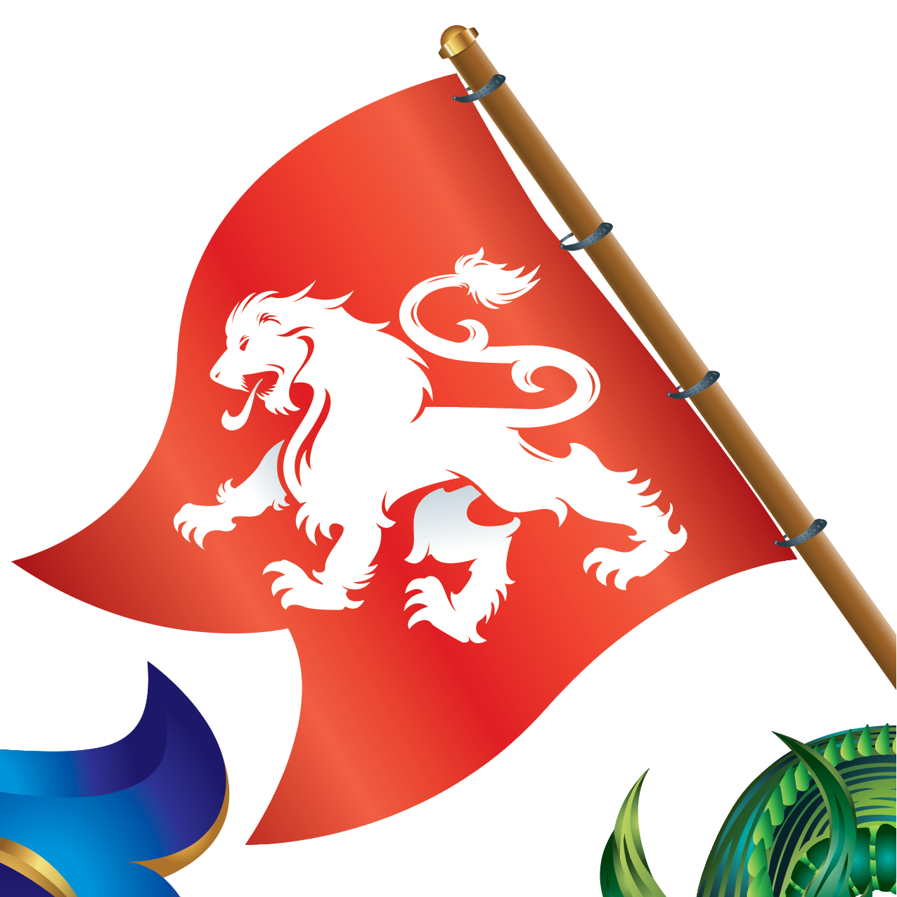 A closeup of the Warren Family Crest crest with a red flag with a white lion rampant, attached to a wooden pole, shown on a white background.