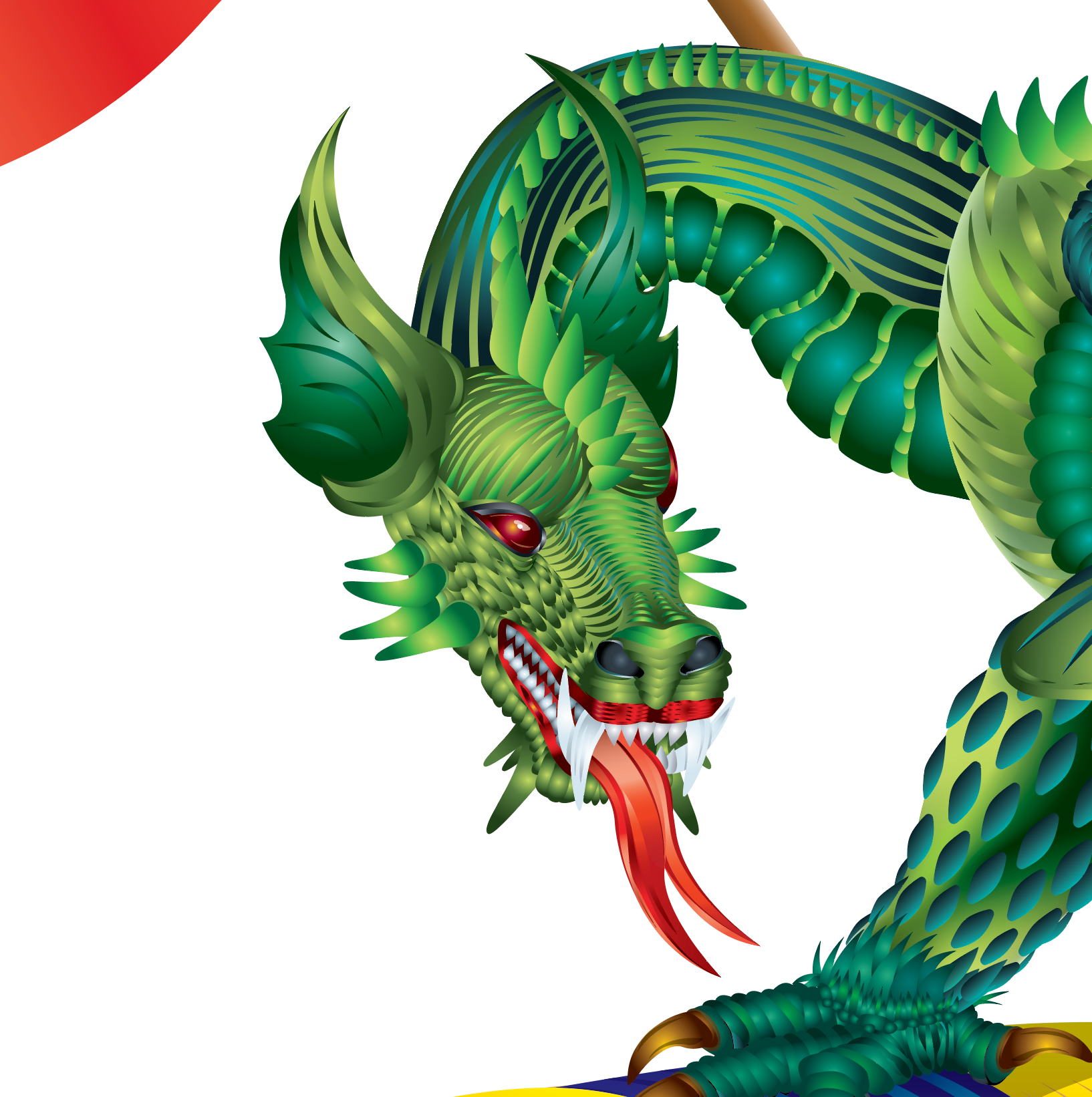 A closeup of the Warren Family Crest crest with a green dragon illustration with red eyes, a red tongue, white teeth, and blue-green patterned scales on a white background.