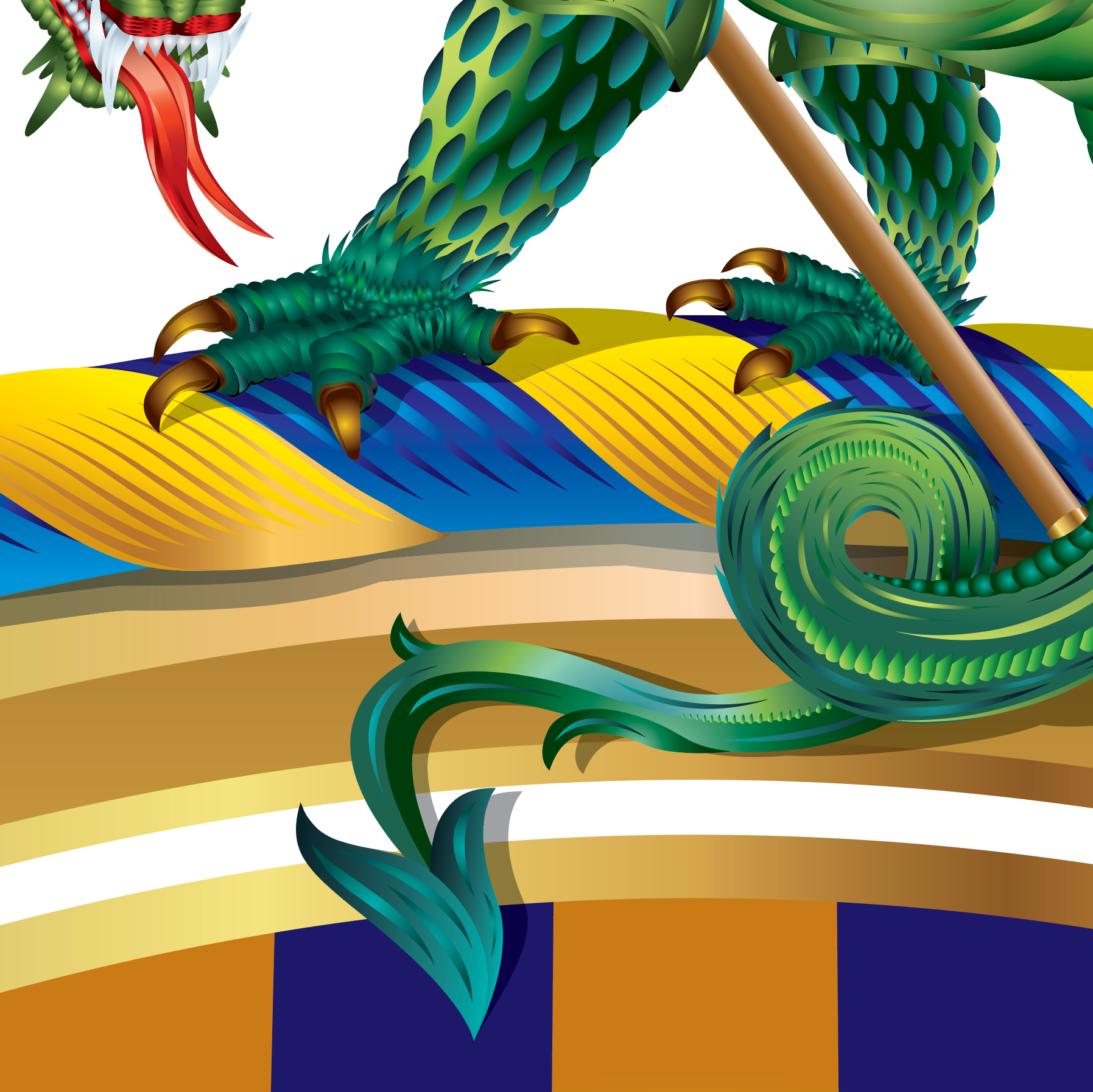 A closeup of the Warren Family Crest crest with a stylised illustration of a green dragon with sharp claws and a long tail wrapping around a striped yellow, white, and blue surface.