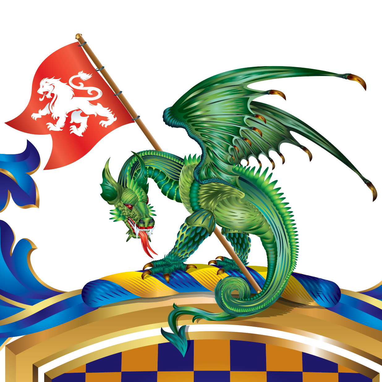 A closeup of the Warren Family Crest crest with a stylised green dragon holding a red flag with a white lion emblem, perched on a blue and gold decorative crest against a white background.