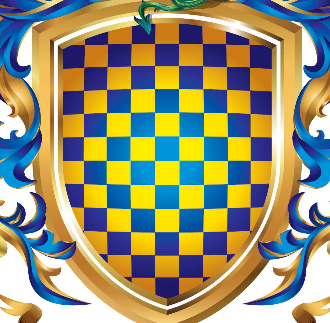 A closeup of the Warren Family Crest crest with a heraldic shield with a blue and yellow checkered pattern inside a gold border, with ornate blue and gold mantling on a white background.