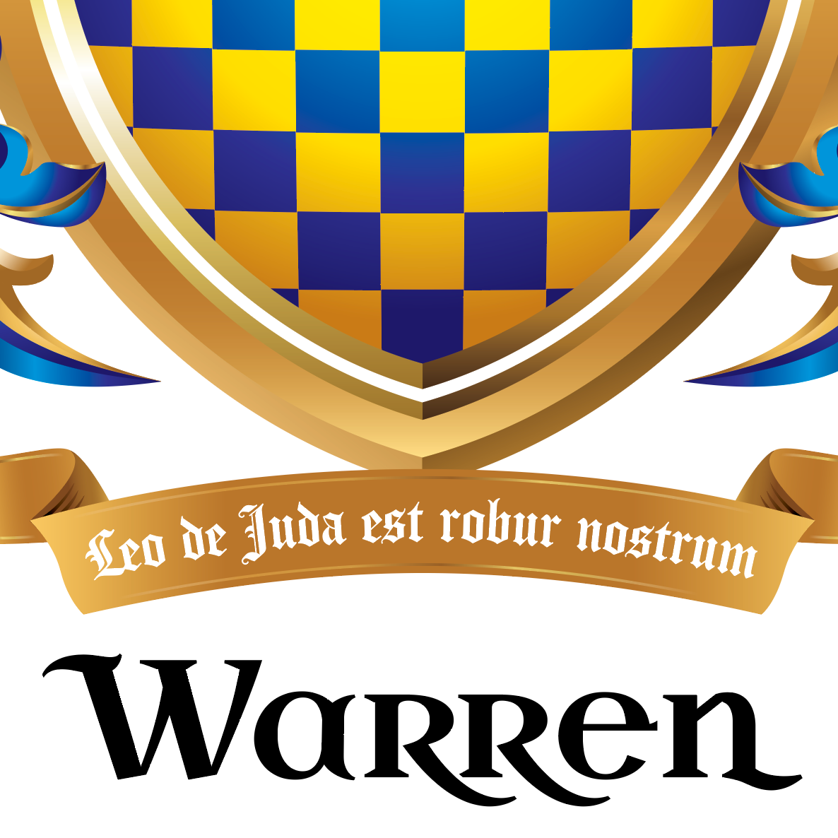 A closeup of the Warren Family Crest crest with a gold and blue checkered shield, blue decorative flourishes, a gold banner reading 'Leo de Juda est robur nostrum,' and the word 'Warren' in large black serif text below on a white background.