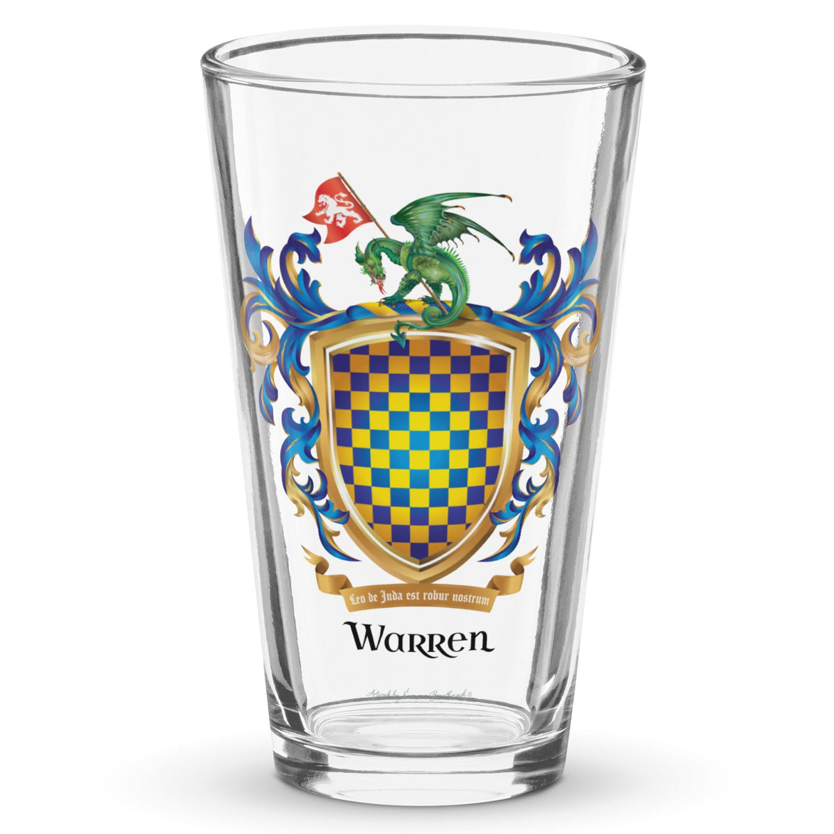 A clear classic pint beer glass on a white background, printed with the Warren Family Crest which has a dragon with a red flag and white lion on the flag which stands on the crest of the shield while the sheild has a gold and blue checkered psttern, blue decorative mantling, a gold motto banner reading 'Leo de Juda est robur nostrum,' and the name 'Warren' in large black serif text below on a white background.