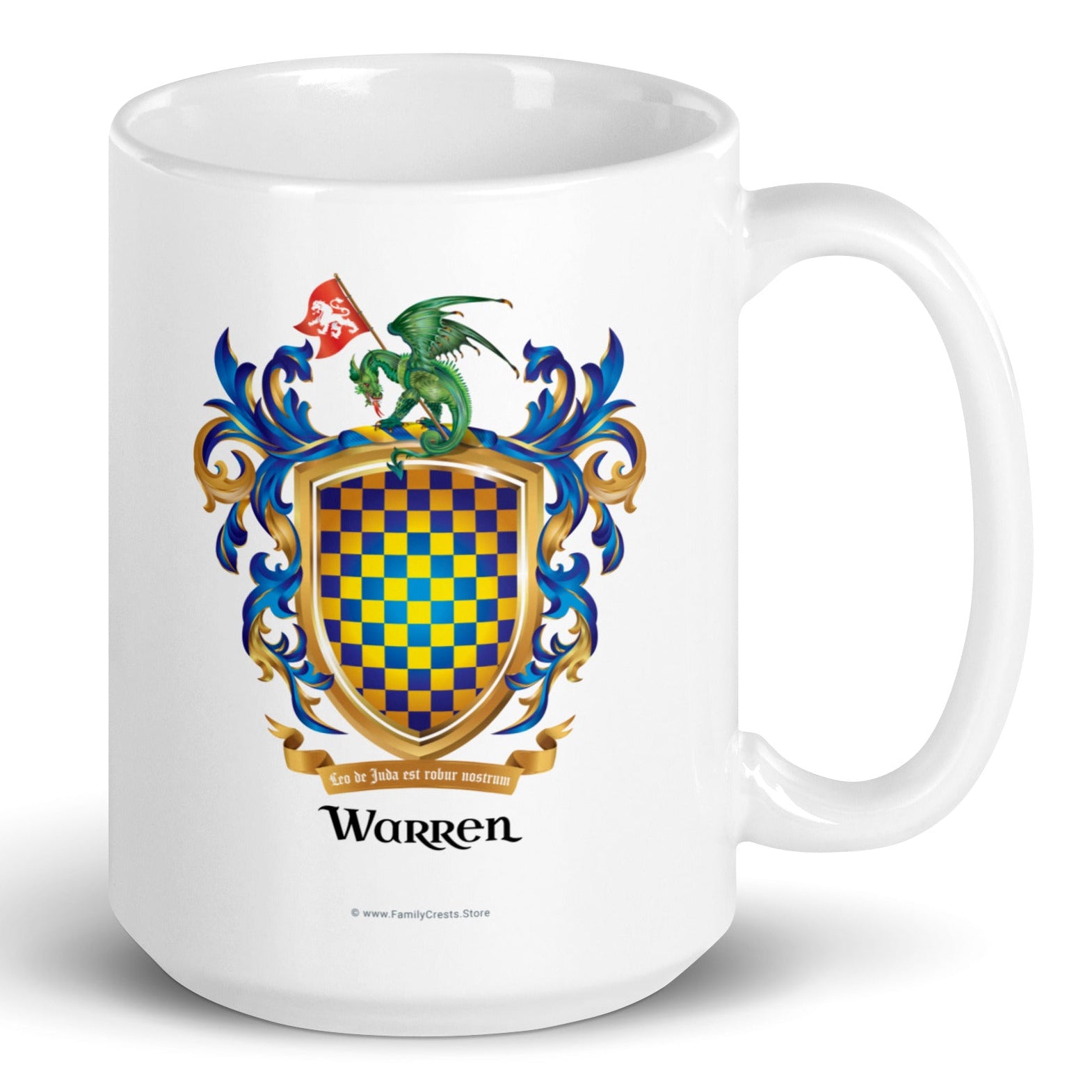 Warren Family Crest mug with checkerboard pattern and fdragon on crest on a white background -Family Crests Store