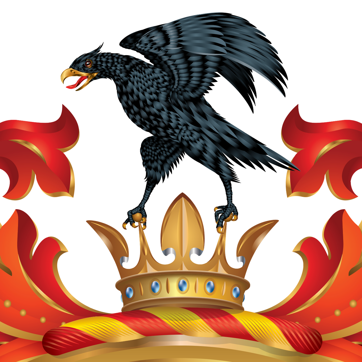 A closeup of the Washington Family Crest featuring a black raven with wings spread, standing on a gold crown above red and gold decorative flourishes on a white background.