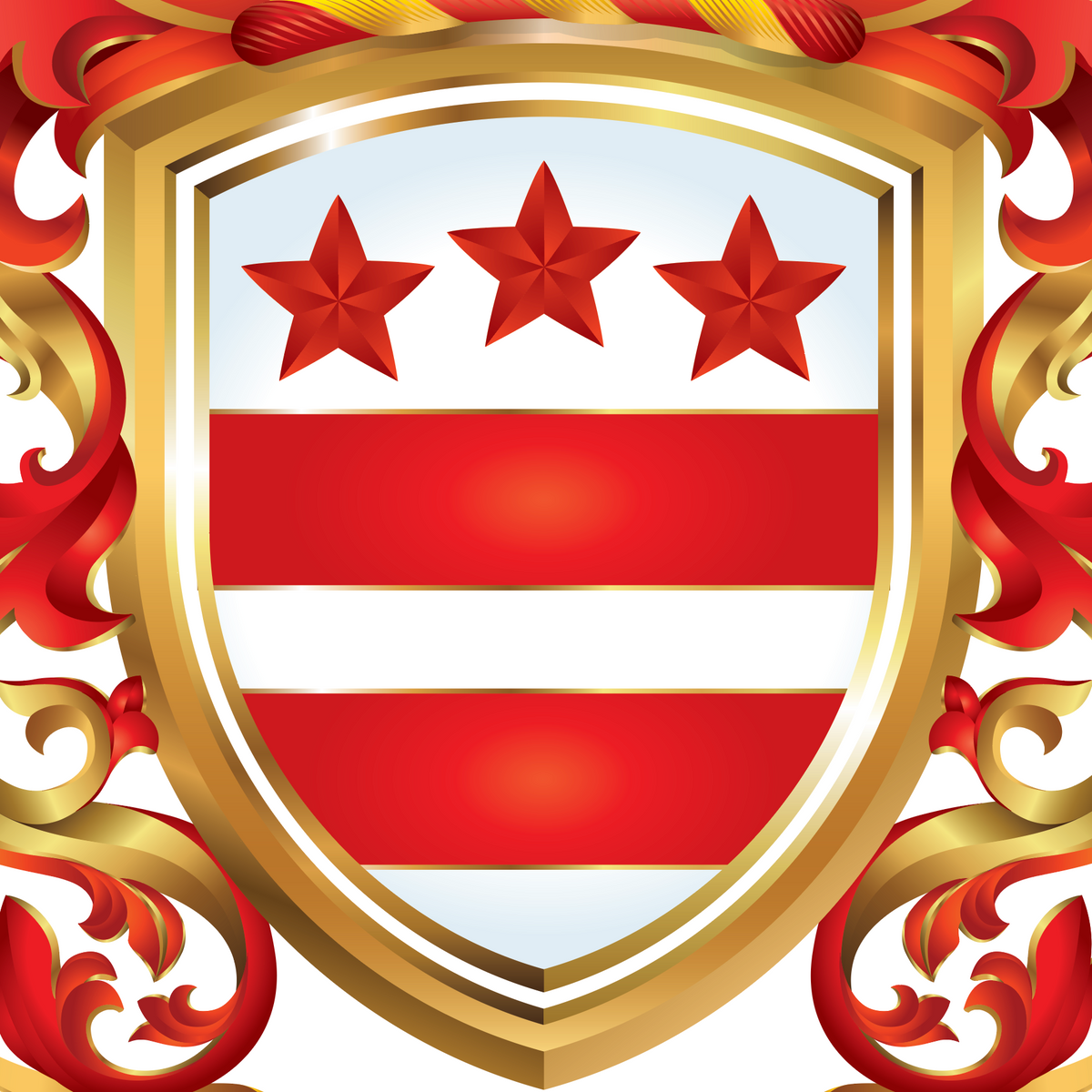 A closeup of the Washington Family Crest featuring a 3 red stars and 2 red stripes on a white shield