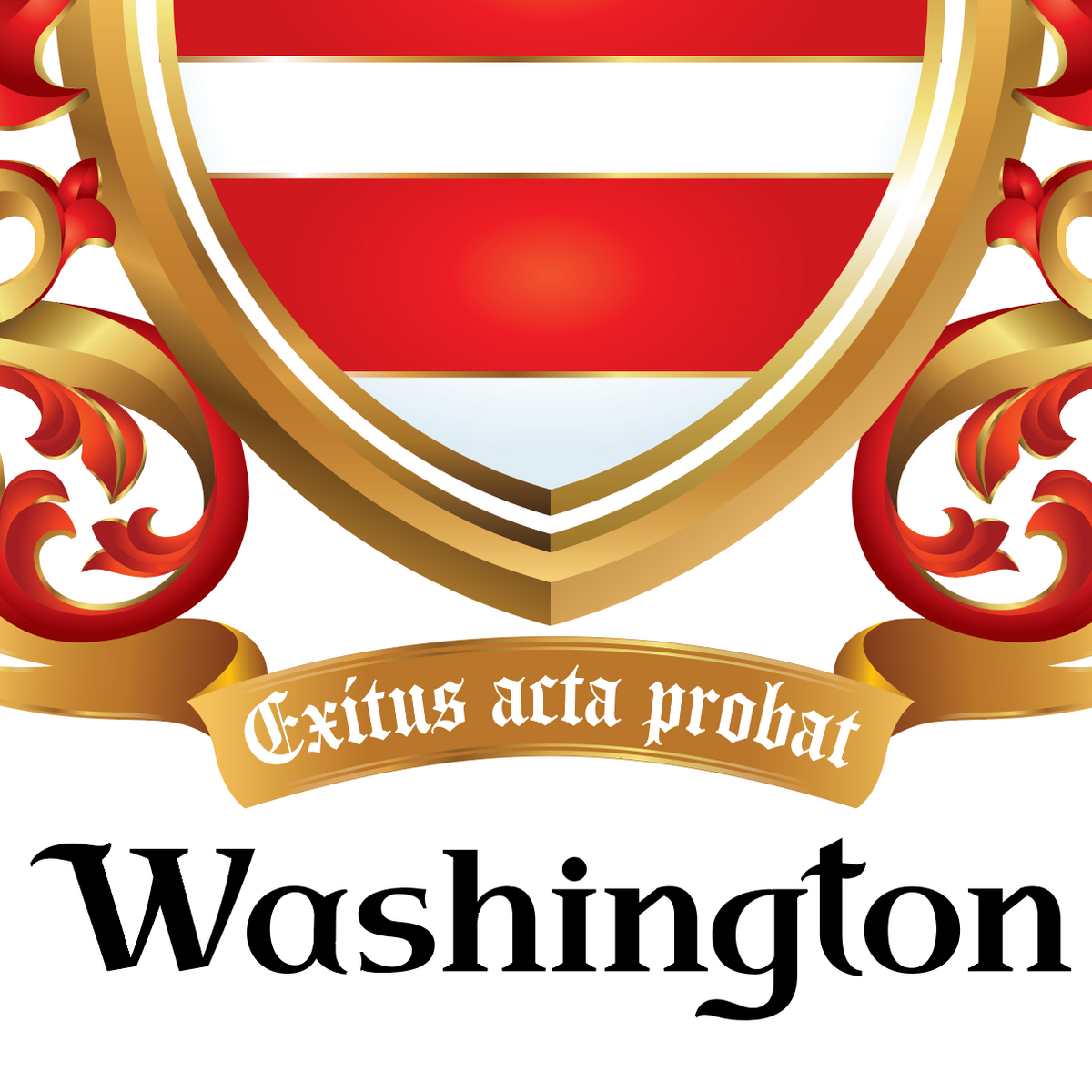A closeup of the Washington Family Crest featuring a red heraldic shield with ornate red mantling, a gold motto banner reading 'Exitus acta probat', and the word 'Washington' in large black letter serif text below, all on a white background.