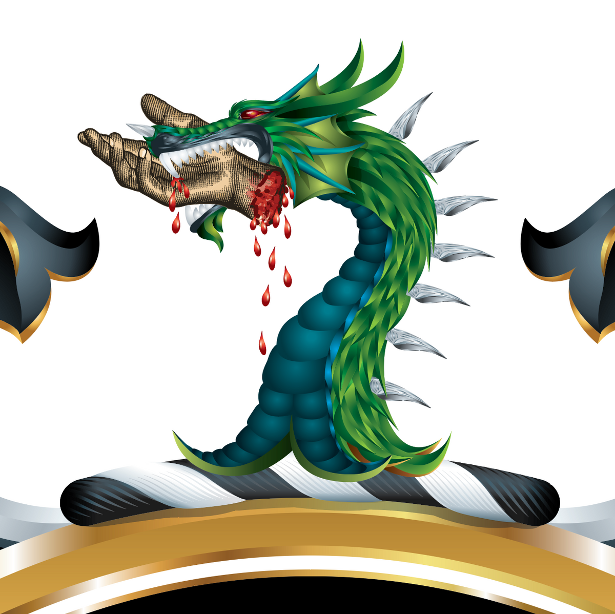 A closeup of the Watkins Family Crest featuring a green dragon head with teal scales biting into a severed hand, with red blood droplets dripping down, set against a white background with decorative black, gold, and white graphic elements.