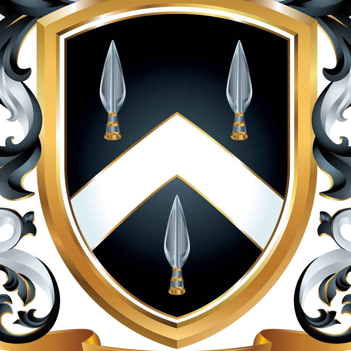 A closeup of the Watkins Family Crest featuring a heraldic shield design with a gold border, black interior and white chevron, and three silver spear head motifs, framed by ornate silver and black mantling on a white background.