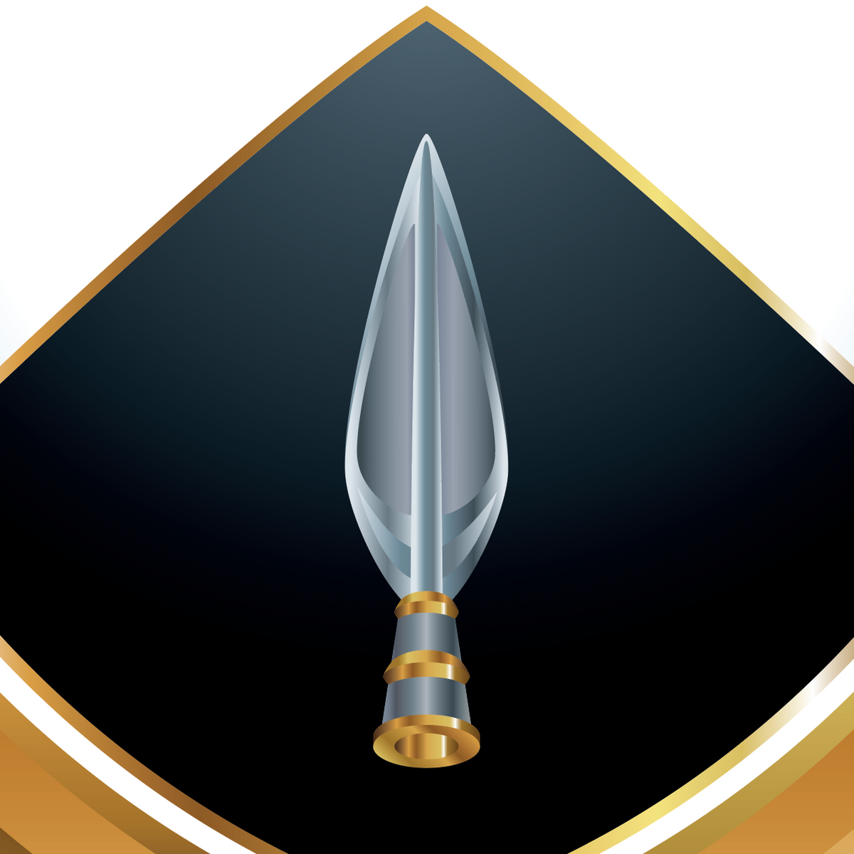 A closeup of the Watkins Family Crest featuring a silver spearhead centered on a black background with gold border accents.