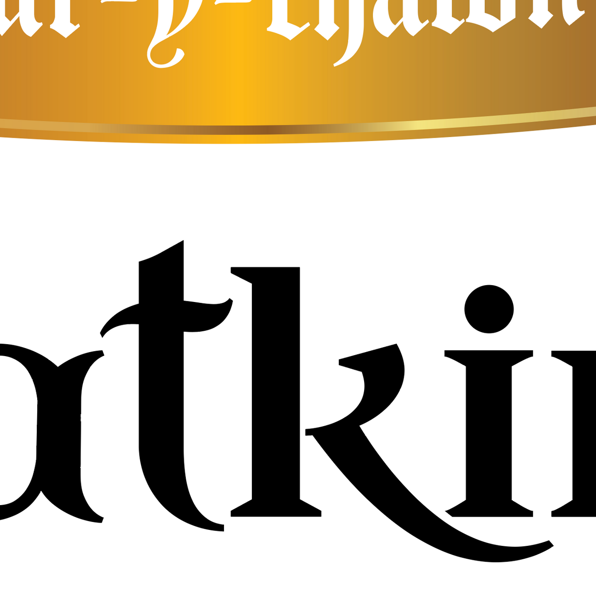 A closeup of the Watkins Family Crest featuring stylistic typography detail of black gothic-style lettering of letters a,, t, k and i.
