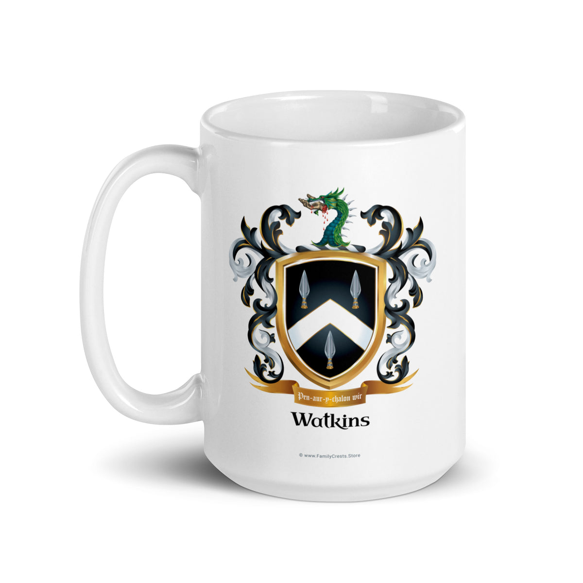 Watkins Family Crest featuring spearheads, chevron and dragon with a severed hand in it's mouth on a white mug pictured on a white backgroud - Family Crests Store