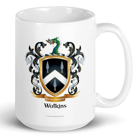 Watkins Family Crest featuring spearheads, chevron and dragon with a severed hand in it's mouth on a white mug pictured on a white backgroud - Family Crests Store