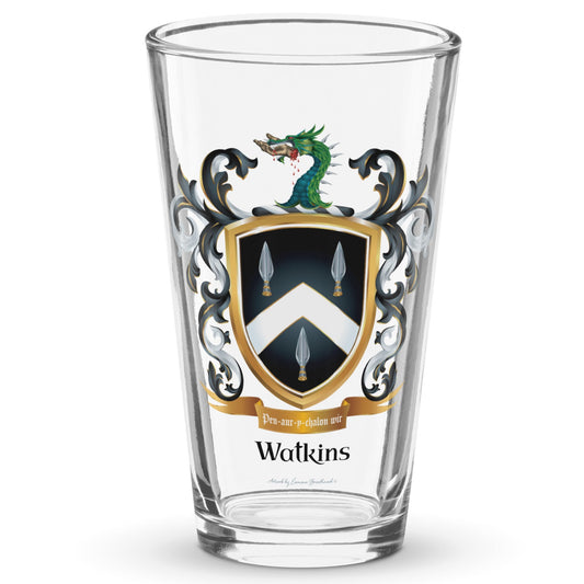 Watkins Family Crest beer glass featuring a coat of arms with 3 spear-heads and a dragon head with a hand in its mouth -Family Crests Store