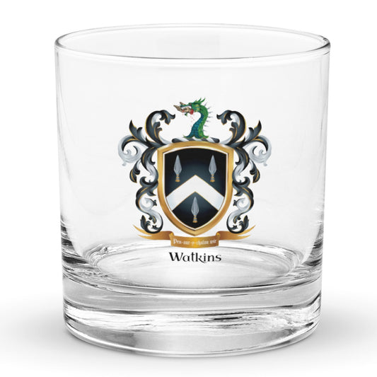 Watkins Family Crest featuring spearheads, chevron and dragon with a severed hand in it's mouth on a classic rocks glass pictured on a white backgroud - Family Crests Store