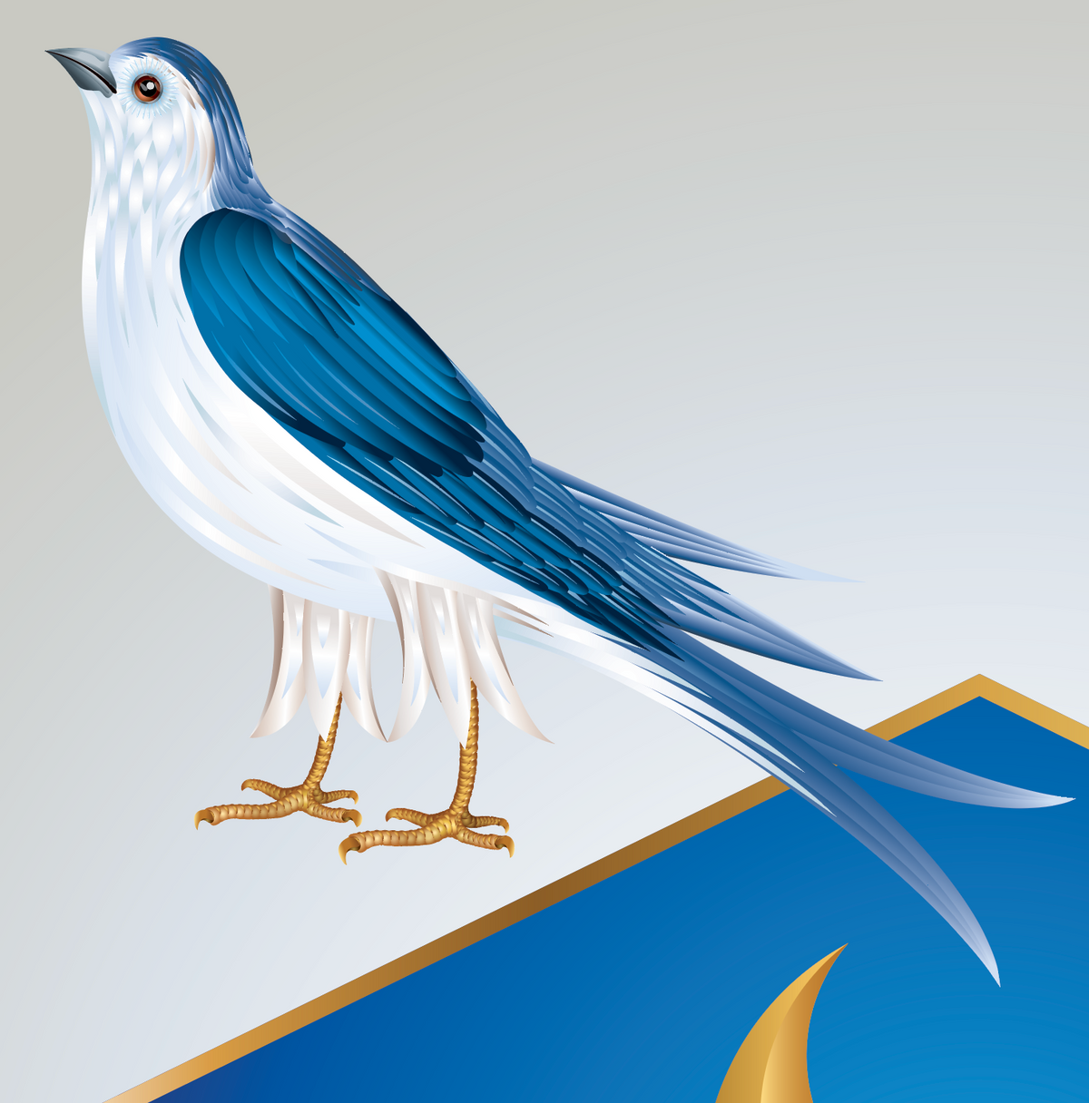 A closeup of the Watson Family Crest featuring a stylised blue and white bird with gold legs perched on a blue and gold geometric shape against a light gray background.