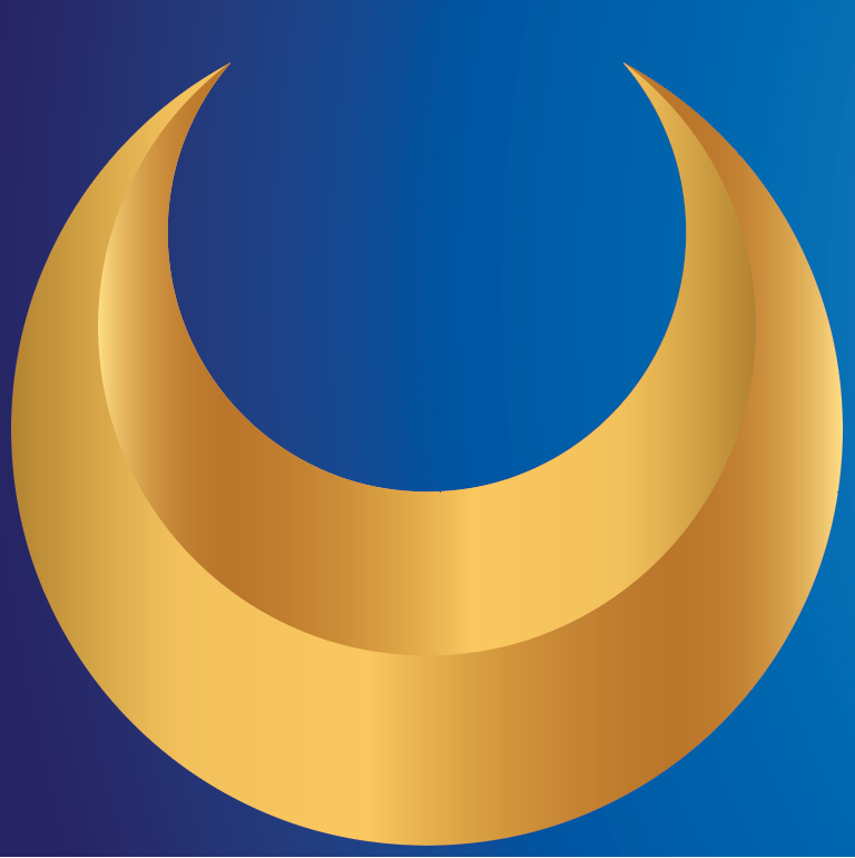 A closeup of the Watson Family Crest featuring a stylized gold crescent moon graphic centered on a blue gradient background.
