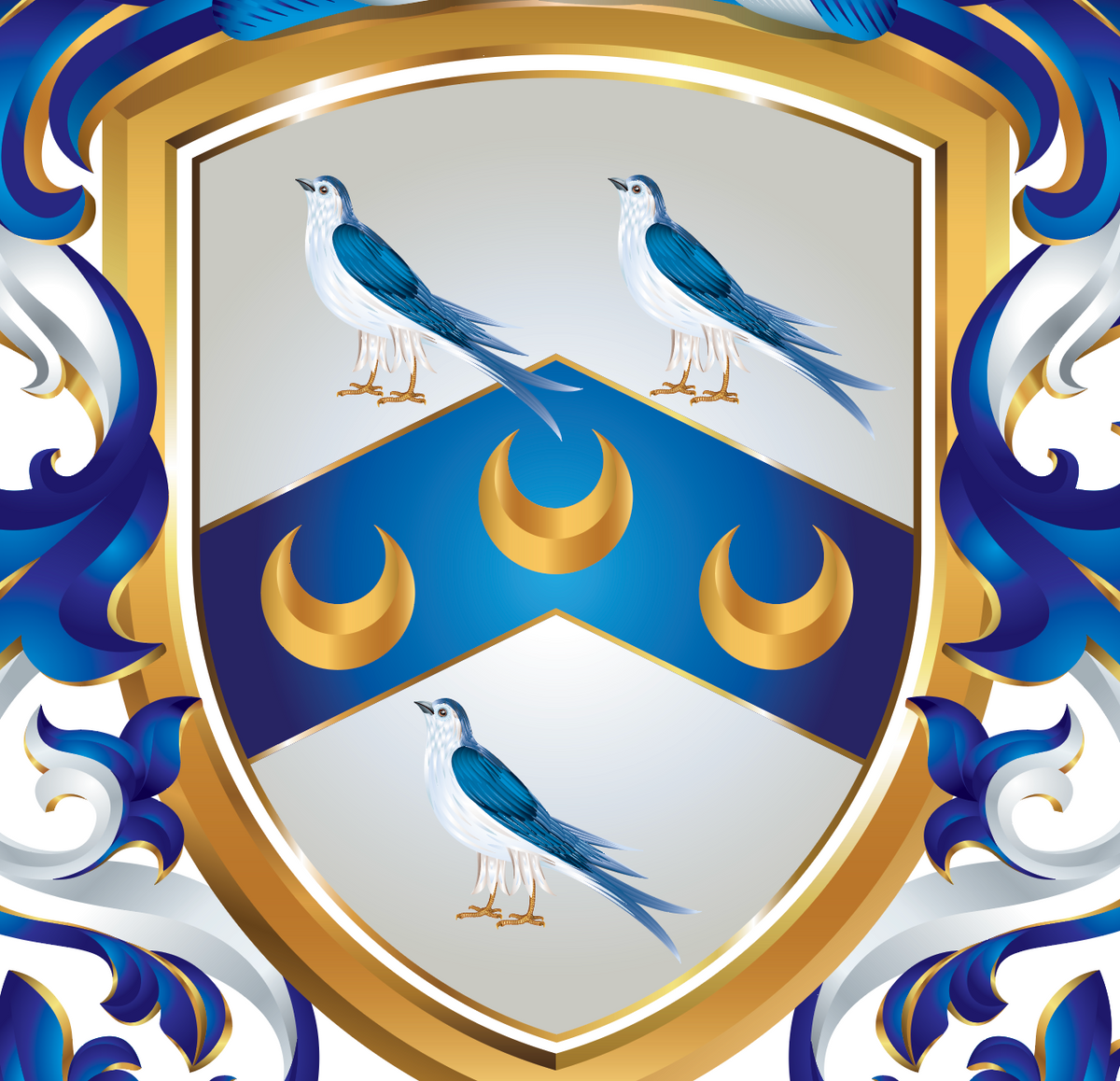 A closeup of the Watson Family Crest featuring a heraldic shield crest with two blue-and-white birds and three gold crescent moons on a white field, surrounded by a gold border and blue-and-white decorative scrollwork.