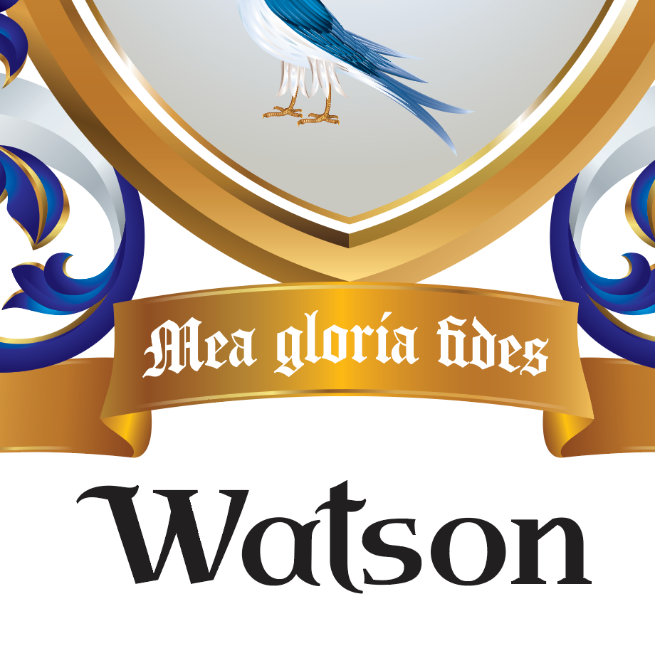 A closeup of the Watson Family Crest featuring a decorative crest-style graphic with a gold shield border, blue and white scroll elements, a motto banner reading 'Mea gloria fides,' and the word 'Watson' in large black serif text below on a white background.